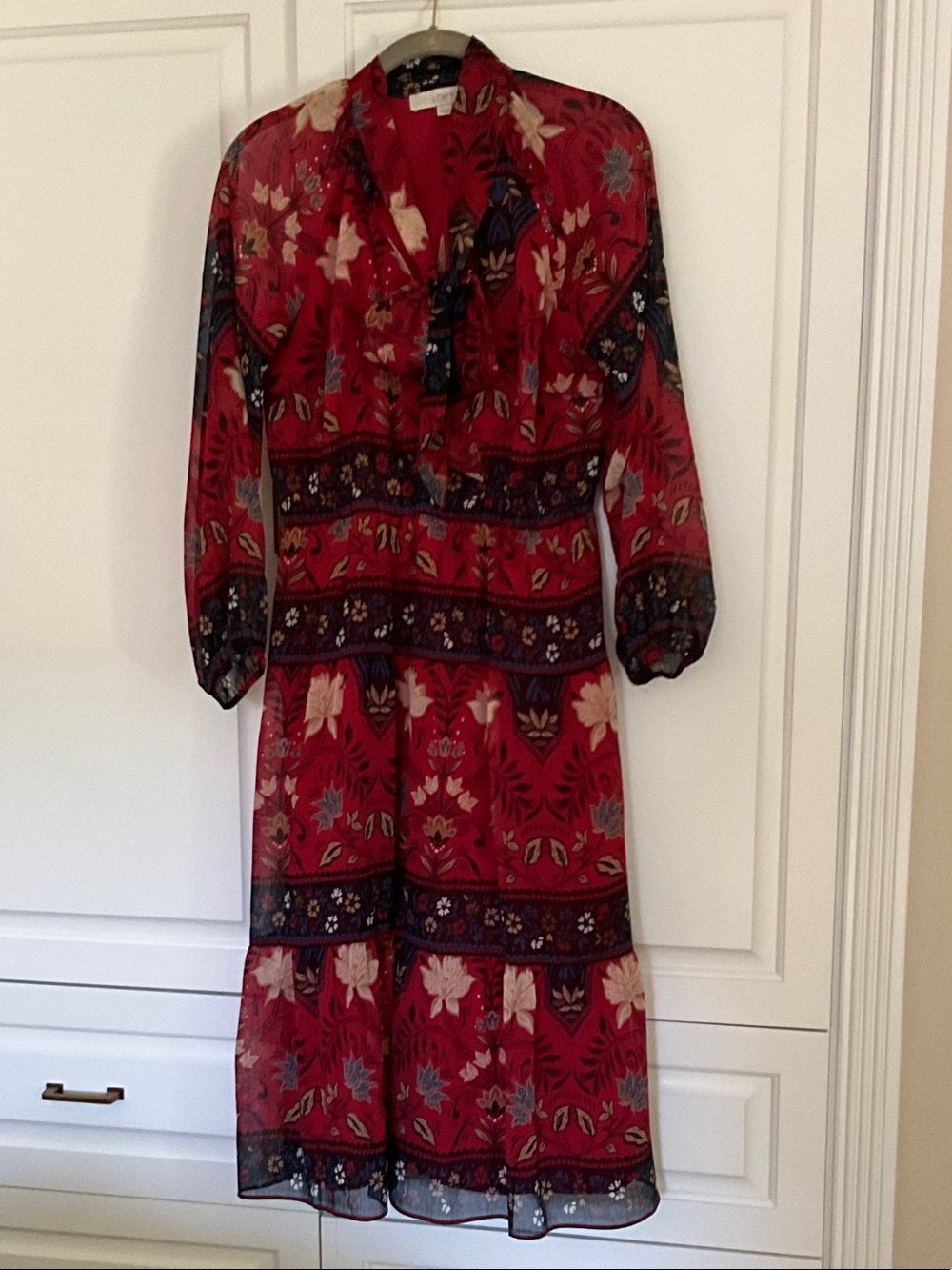 LOFT Red Floral Midi Dress with Long Sleeves